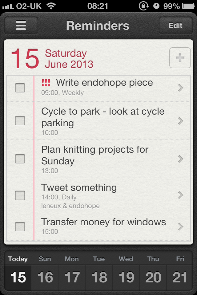 My phone reminders for 15 June 2013