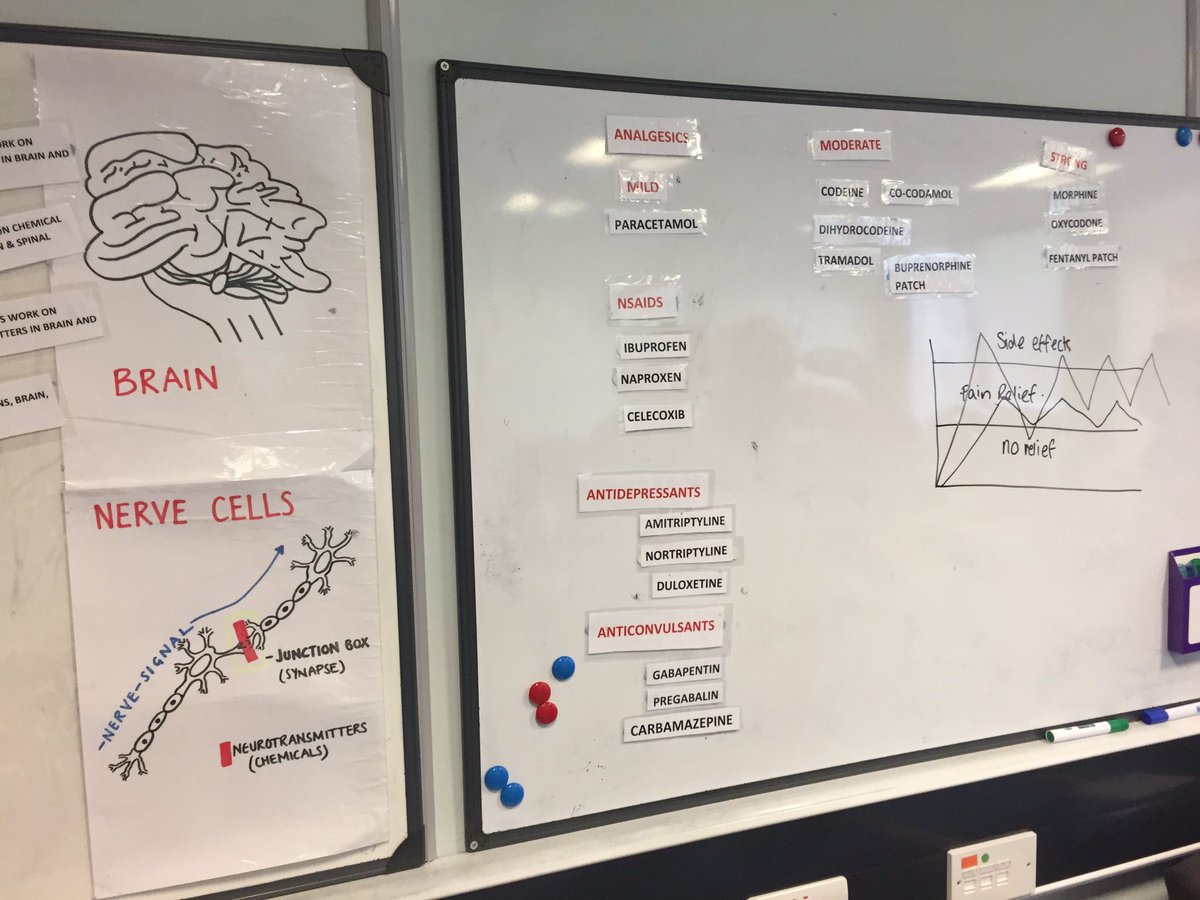 Two whiteboards showing how pain medication works, and the different types of painkillers.